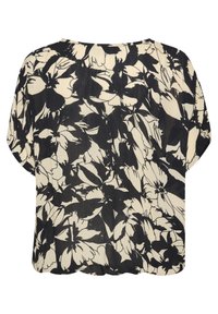 Juoda ir kreminė gėlėta palaidinė laisvo silueto, suapvalinta iškirpte ir trumpomis rankovėmis. Audinys turi minkštą, tekstūruotą išvaizdą.