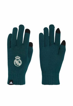 Guanti in maglia color teal con punte nere per touchscreen su pollice, indice e medio; logo Real Madrid sul retro del guanto sinistro; etichetta Adidas sul polso.