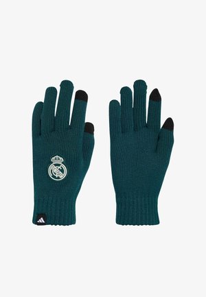 Turkisfarvede strikkede handsker med sorte touchscreen-tipper på tommelfingeren, pege- og lange finger; Real Madrid-logo på bagsiden af venstre handske; Adidas-mærkat på håndleddet.