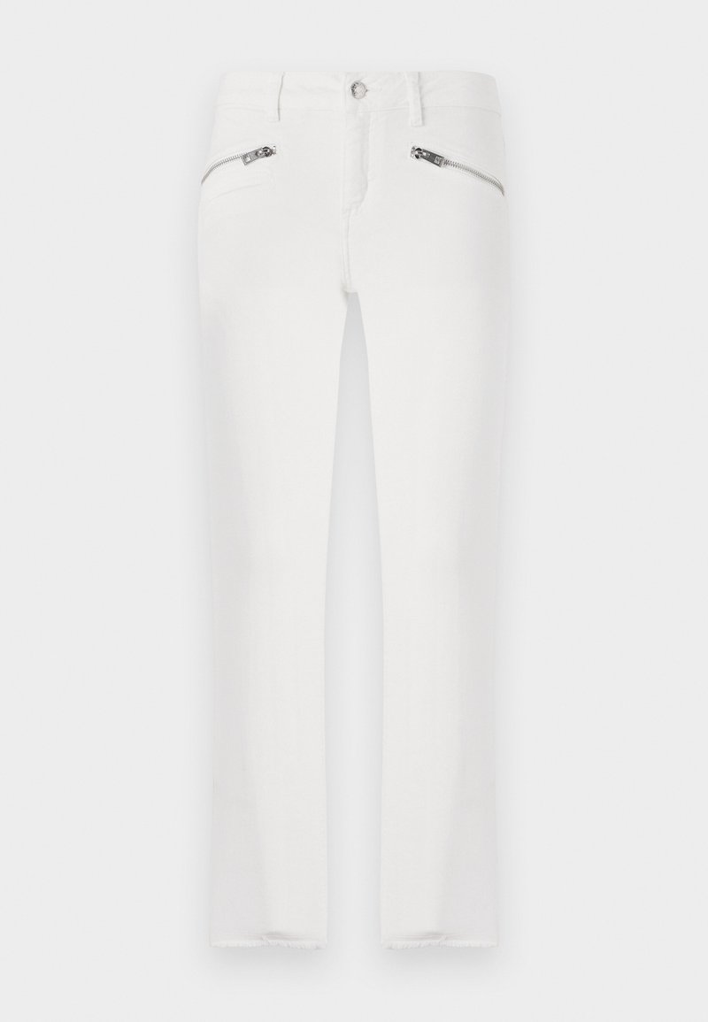 Valkoiset farkut slim fit -mallilla, joissa on kaksi vetoketjullista taskua edessä, tavallinen vyötärö ja hieman rispaantuneet lahkeiden päät. Valmistettu denimpituudesta.