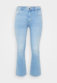 Light blue denim flared jeans with a mid-rise waist, five-pocket design, and subtle fading. Features a front button and zipper closure.