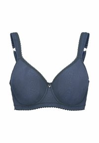 Marineblauwe padded beha met een bloemenkantpatroon, verstelbare bandjes en gegolfde randen op een witte achtergrond.