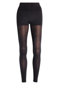 Leggings neri con una vita alta, materiale opaco fino alla coscia, che si trasforma in gambe inferiori trasparenti. Texture liscia su tutto il capo.