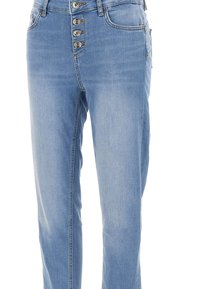 Jeans in denim azzurro chiaro con un design aderente, vita alta e chiusura con cinque bottoni. Presenta tasche frontali e una trama sottile.