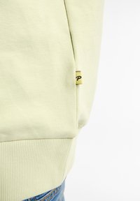 Felpa verde chiaro con polsini e orlo a coste, dotata di una fessura laterale e di un piccolo etichetta gialla con un logo nero sulla cucitura.