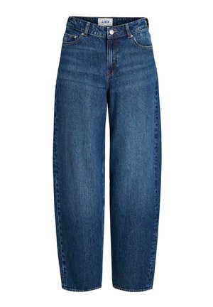 Jeans blu in denim a vita alta con gamba dritta, chiusura frontale con bottone e cerniera, passanti per cintura e stile a cinque tasche.