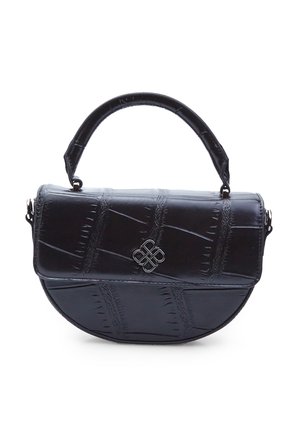 Black faux leather handbag with a rounded shape, textured croc pattern, top handle, and a decorative silver hardware accent on the front.
