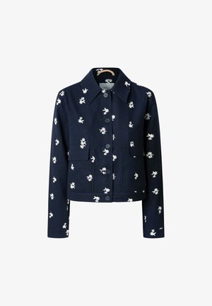 Chaqueta azul marino de algodón con bordado floral blanco, con mangas largas, cuello de punta, botones en el frente y dos bolsillos en el pecho.
