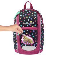 Schwarzer Rucksack mit bunten Punkten, kastanienbraunen Akzenten, einer vorderen Reißverschlusstasche und einem Pferde-Patch. Besitzt einen grünen Reißverschluss-Zipper.