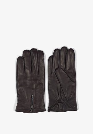 Gants en cuir marron avec cinq doigts, dotés d'une fermeture éclair au poignet et de détails froncés au niveau du poignet pour un ajustement confortable.