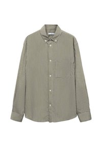 Camisa de botones a rayas en verde y blanco, con cuello puntiagudo, mangas largas y un bolsillo en el pecho. Tela de algodón suave.