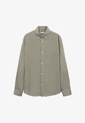 Striped button-up shirt in green and white, featuring a pointed collar, long sleeves, and a chest pocket. Smooth cotton fabric.