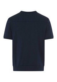 Sweatshirt bleu marine à manches courtes avec ourlet et poignets côtelés, couture visible sur le haut du dos, design uni, vu de dos.