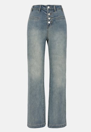 Lichtblauwe denim wijde jeans met hoge taille, vijfknopensluiting en twee voorkoten. Gladde textuur met subtiele vervaging.