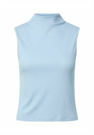 Top azzurro chiaro senza maniche a coste con collo alto e orlo dritto, mostrato su sfondo bianco.