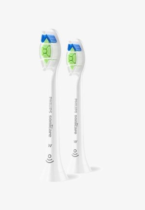 Philips Sonicare Zahnbürstenköpfe, aus weißem Kunststoff, mit blauen und grünen Borsten, mit einer abgerundeten Form und einem schmalen Ansatz für die Befestigung.