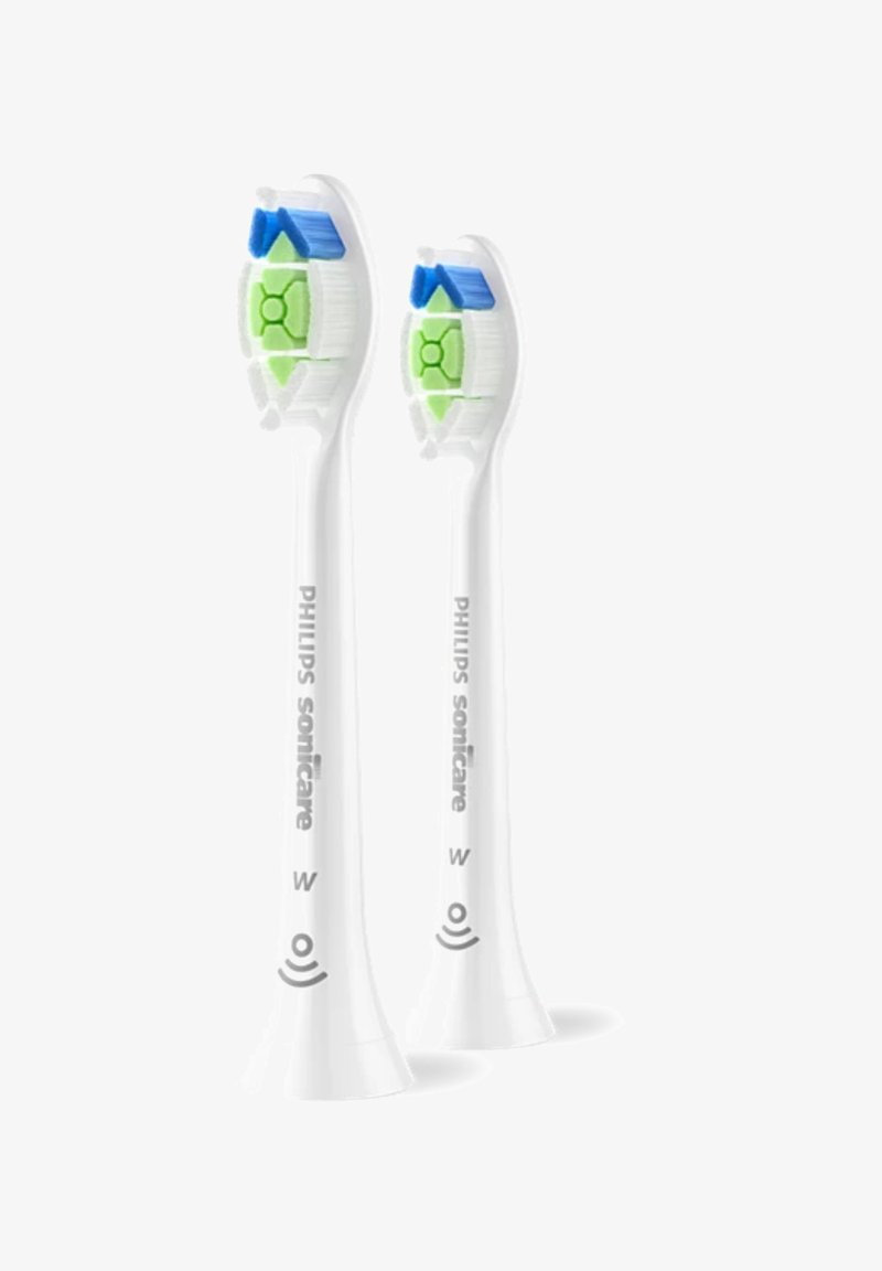 Testine per spazzolini Philips Sonicare, in plastica bianca, con setole blu e verdi, caratterizzate da una forma arrotondata e una base stretta per l'attacco.