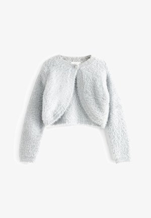 Cardigan court douce gris clair à manches longues avec une fermeture par un seul bouton en haut et un col rond.