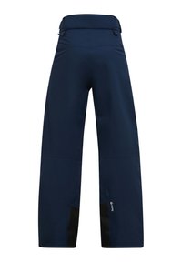 Pantaloni impermeabili blu navy con una vestibilità ampia, dotati di una vita alta, dettagli neri all'orlo e tasche rinforzate.