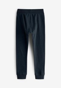 Leggings aderenti di colore blu scuro, con struttura a coste. Presentano una vita morbida e polsini alle caviglie. Il materiale sembra elastico e confortevole.
