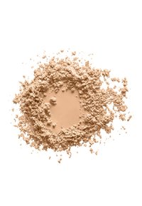 Lose Puder-Foundation in einem hellbeigen Farbton, fein texturiert, mit einem weichen, matten Finish, kreisförmig auf einem weißen Hintergrund verteilt.