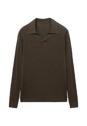 Pulover tricotat ribbed de culoare verde măsliniu închis, cu decolteu în V și mâneci lungi, având un guler pliat și o croială lejeră.