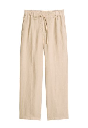Beige loose-fit linen trousers with an elastic waistband and drawstring, featuring side pockets and a straight-leg cut.
