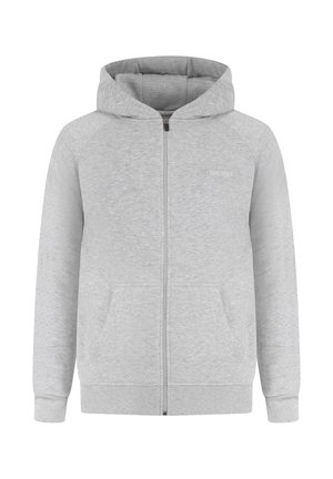 Grauer Reißverschluss-Hoodie aus Sweatstoff, mit einer Kapuze mit Zugband, Fronttaschen, Rippbündchen und dezentem Branding auf der linken Brust.
