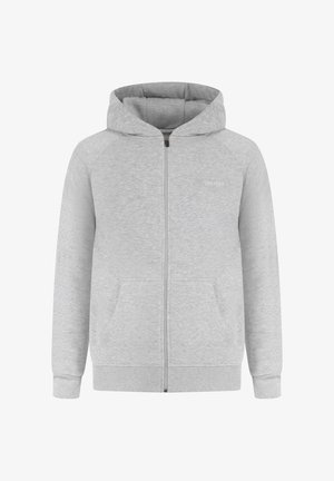 Sudadera con cremallera gris hecha de material de camiseta, con capucha ajustable, bolsillos frontales, puños acanalados y un sutil logotipo en el lado izquierdo del pecho.