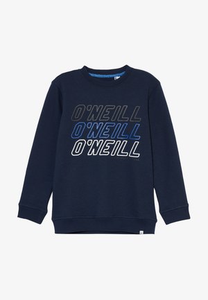 Sweatshirt marine présentant le texte O'Neill dans des couleurs et des styles variés. Manches longues et encolure classique. Tissu doux et texturé.