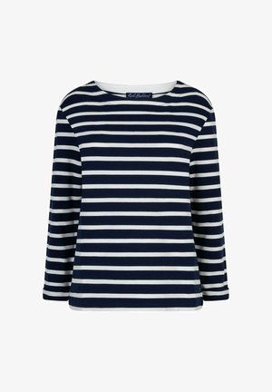Marineblauw-wit horizontaal gestreept shirt met lange mouwen, een ronde halslijn en een rechte zoom.