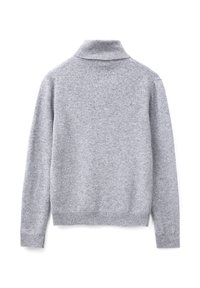 Maglione grigio con colletto alto a coste, maniche lunghe e tessuto testurizzato. Il retro è semplice con un orlo aderente.