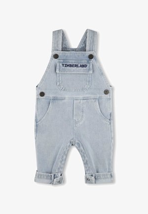 Salopette in denim azzurro chiaro con bretelle regolabili, ricamo del logo sulla tasca frontale e orli arrotolati, dotata di due tasche laterali.