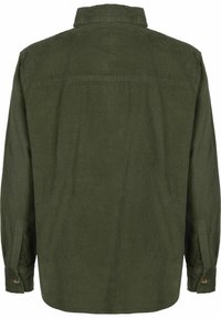 Camicia di velluto a coste verde oliva con colletto, maniche lunghe e polsini abbottonati. Il retro presenta una texture a coste verticali e un dettaglio a yolk.