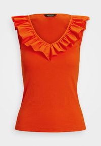 Orange ärmlös topp med V-ringning och Volangkrage. Tillverkad av ribbat tyg, har den en figurnära passform och en mjuk textur.