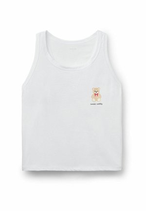 Witte katoenen tanktop met een kleine geprinte teddybeer met een rode strik en de tekst "sweet teddy" onder het ontwerp. Eenvoudige en mouwloze stijl.