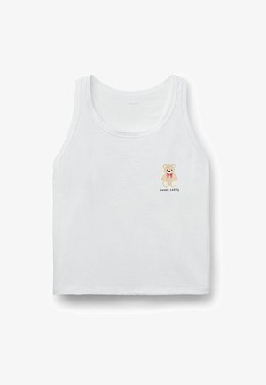 Débardeur en coton blanc avec un petit ours en peluche imprimé portant un nœud rouge et le texte "sweet teddy" en dessous du design. Style simple et sans manches.