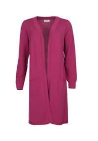 Langer, offener Cardigan in lebhaftem Fuchsia, aus strukturiertem Strickstoff. Mit langen Ärmeln und zwei Fronttaschen.