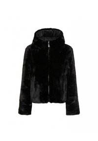 Giacca corta in pelliccia sintetica nera con cappuccio, chiusura frontale con zip e maniche lunghe. Texture liscia con una finitura lucida.