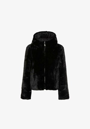 Giacca corta in pelliccia sintetica nera con cappuccio, chiusura frontale con zip e maniche lunghe. Texture liscia con una finitura lucida.