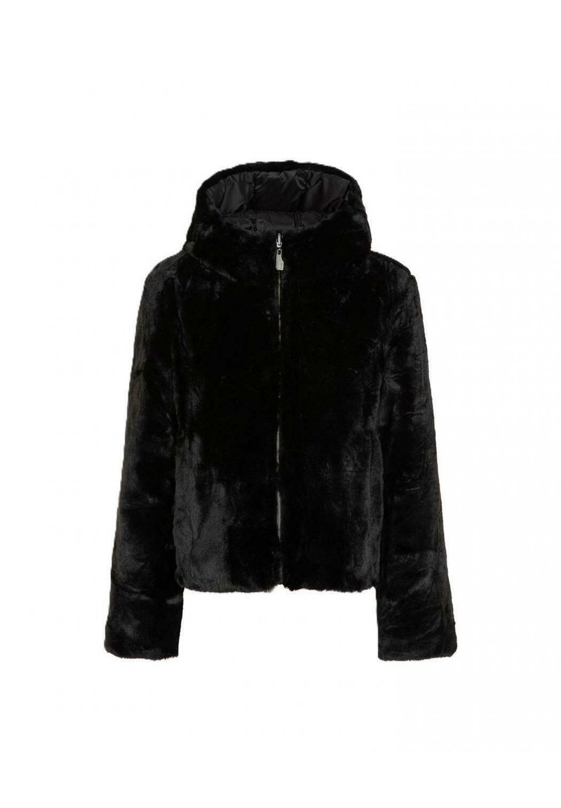 Giacca corta in pelliccia sintetica nera con cappuccio, chiusura frontale con zip e maniche lunghe. Texture liscia con una finitura lucida.