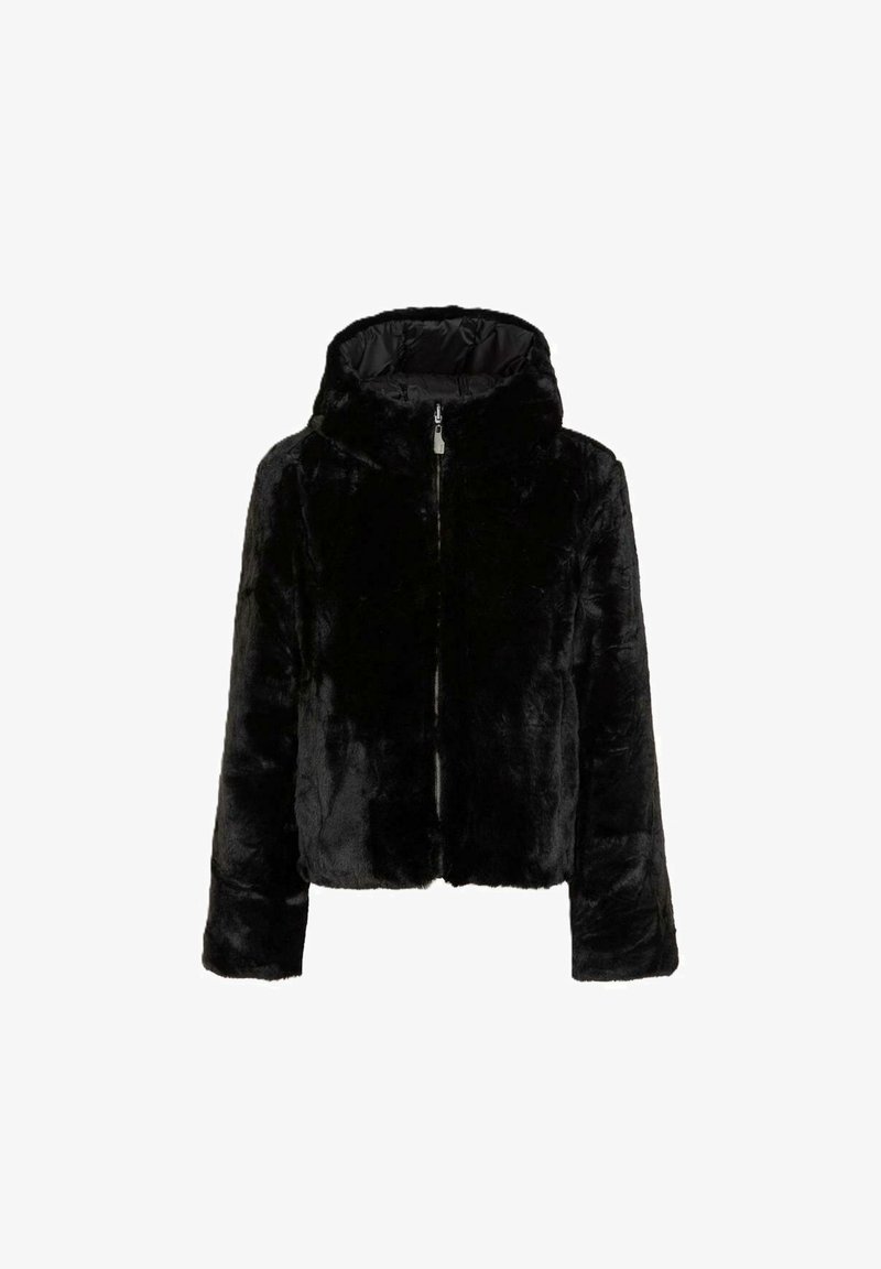 Giacca corta in pelliccia sintetica nera con cappuccio, chiusura frontale con zip e maniche lunghe. Texture liscia con una finitura lucida.