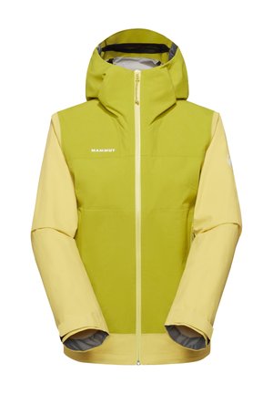Jachetă de iarnă cu glugă, galbenă și verde deschis, cu fermoar frontal și logo Mammut pe piept, prezentată frontal pe un fundal alb.