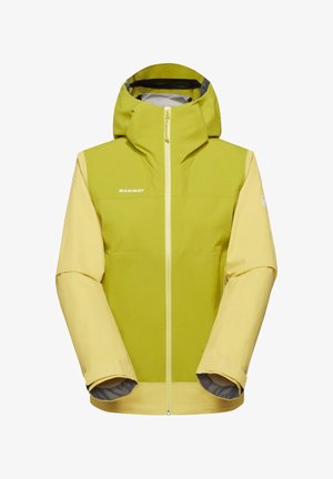 Jachetă de iarnă cu glugă, galbenă și verde deschis, cu fermoar frontal și logo Mammut pe piept, prezentată frontal pe un fundal alb.