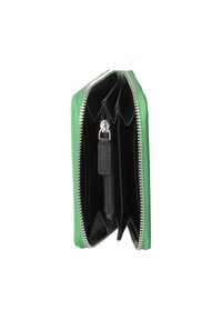 Portefeuille vert zippé avec un extérieur texturé, doté d'un intérieur noir, de multiples compartiments et d'une poche centrale zippée pour les pièces.