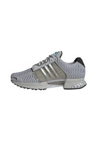 Szare buty sportowe z teksturowaną siateczką u góry, przezroczystymi akcentami i trzema srebrnymi paskami. Posiadają amortyzującą podeszwę oraz gumową podeszwę zewnętrzną.