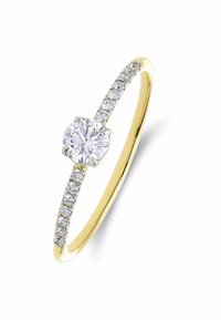 Gold ring with a round, clear center stone and smaller clear stones set in a row on the band, featuring a polished finish.