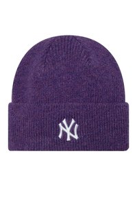 Berretto lavorato a maglia viola con risvolto, realizzato in materiale morbido, con un logo NY bianco ricamato sul davanti.