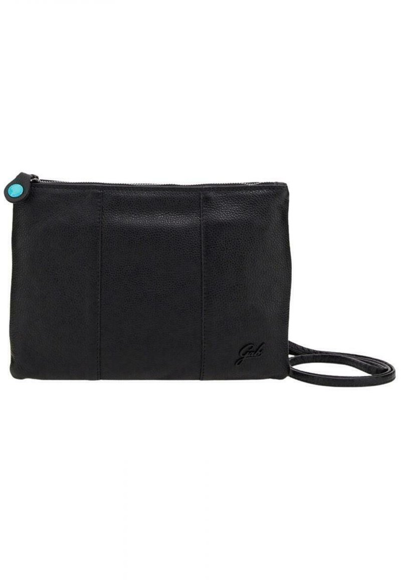Pochette en cuir noir avec finition texturée, fermeture éclair, et un accent turquoise au tirette de la fermeture. Dispose d'une bandoulière.