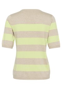 Licht beige korte mouwen sweater met horizontale strepen in lichtgroen. Eenvoudige ronde halslijn, zachte textuur en aansluitend ontwerp.